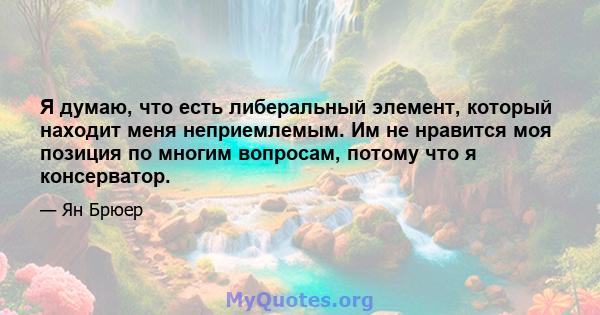 Я думаю, что есть либеральный элемент, который находит меня неприемлемым. Им не нравится моя позиция по многим вопросам, потому что я консерватор.