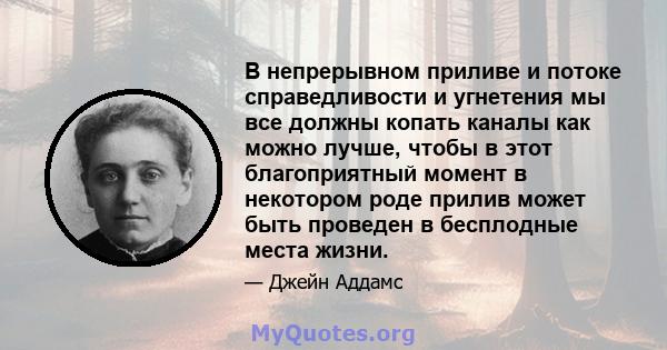 В непрерывном приливе и потоке справедливости и угнетения мы все должны копать каналы как можно лучше, чтобы в этот благоприятный момент в некотором роде прилив может быть проведен в бесплодные места жизни.