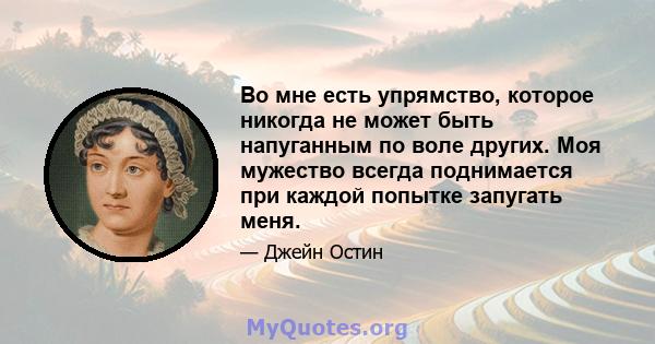 Во мне есть упрямство, которое никогда не может быть напуганным по воле других. Моя мужество всегда поднимается при каждой попытке запугать меня.