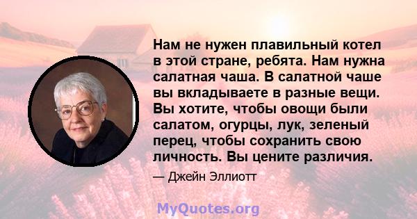 Нам не нужен плавильный котел в этой стране, ребята. Нам нужна салатная чаша. В салатной чаше вы вкладываете в разные вещи. Вы хотите, чтобы овощи были салатом, огурцы, лук, зеленый перец, чтобы сохранить свою личность. 