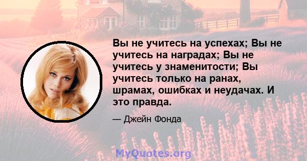 Вы не учитесь на успехах; Вы не учитесь на наградах; Вы не учитесь у знаменитости; Вы учитесь только на ранах, шрамах, ошибках и неудачах. И это правда.