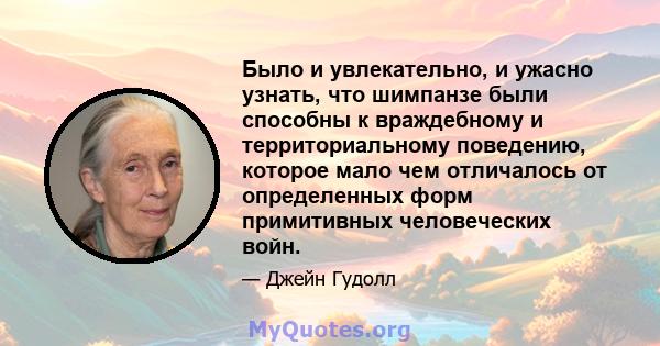 Было и увлекательно, и ужасно узнать, что шимпанзе были способны к враждебному и территориальному поведению, которое мало чем отличалось от определенных форм примитивных человеческих войн.