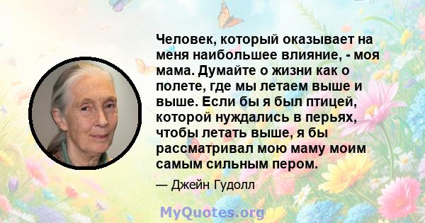 Человек, который оказывает на меня наибольшее влияние, - моя мама. Думайте о жизни как о полете, где мы летаем выше и выше. Если бы я был птицей, которой нуждались в перьях, чтобы летать выше, я бы рассматривал мою маму 