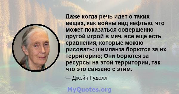 Даже когда речь идет о таких вещах, как войны над нефтью, что может показаться совершенно другой игрой в мяч, все еще есть сравнения, которые можно рисовать: шимпанза борются за их территорию; Они борются за ресурсы на