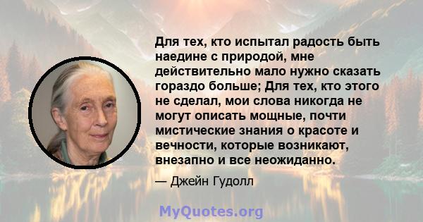 Для тех, кто испытал радость быть наедине с природой, мне действительно мало нужно сказать гораздо больше; Для тех, кто этого не сделал, мои слова никогда не могут описать мощные, почти мистические знания о красоте и