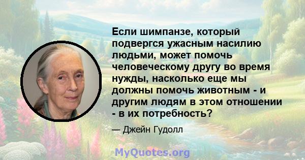 Если шимпанзе, который подвергся ужасным насилию людьми, может помочь человеческому другу во время нужды, насколько еще мы должны помочь животным - и другим людям в этом отношении - в их потребность?