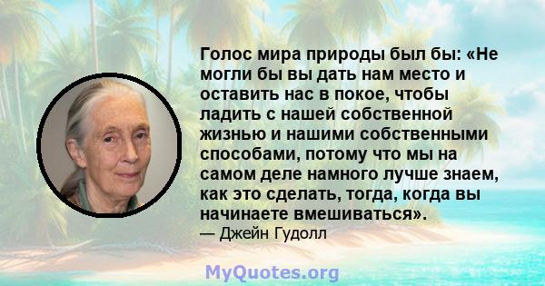 Голос мира природы был бы: «Не могли бы вы дать нам место и оставить нас в покое, чтобы ладить с нашей собственной жизнью и нашими собственными способами, потому что мы на самом деле намного лучше знаем, как это