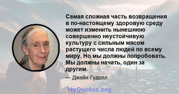 Самая сложная часть возвращения в по-настоящему здоровую среду может изменить нынешнюю совершенно неустойчивую культуру с сильным мясом растущего числа людей по всему миру. Но мы должны попробовать. Мы должны начать,