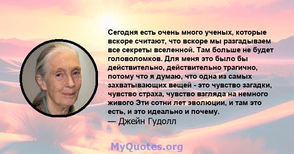 Сегодня есть очень много ученых, которые вскоре считают, что вскоре мы разгадываем все секреты вселенной. Там больше не будет головоломков. Для меня это было бы действительно, действительно трагично, потому что я думаю, 