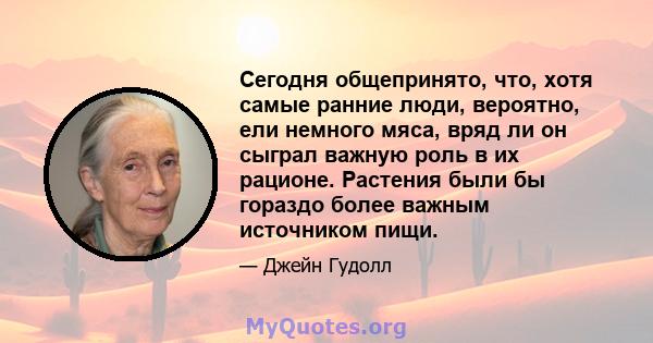 Сегодня общепринято, что, хотя самые ранние люди, вероятно, ели немного мяса, вряд ли он сыграл важную роль в их рационе. Растения были бы гораздо более важным источником пищи.