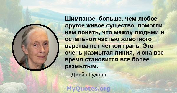 Шимпанзе, больше, чем любое другое живое существо, помогли нам понять, что между людьми и остальной частью животного царства нет четкой грань. Это очень размытая линия, и она все время становится все более размытым.