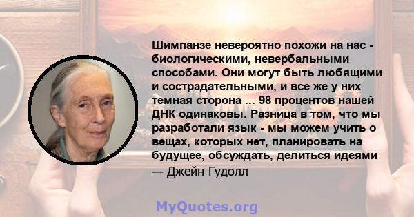 Шимпанзе невероятно похожи на нас - биологическими, невербальными способами. Они могут быть любящими и сострадательными, и все же у них темная сторона ... 98 процентов нашей ДНК одинаковы. Разница в том, что мы