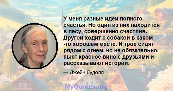 У меня разные идеи полного счастья. Но один из них находится в лесу, совершенно счастлив. Другой ходит с собакой в ​​каком -то хорошем месте. И трое сидят рядом с огнем, но не обязательно, пьют красное вино с друзьями и 