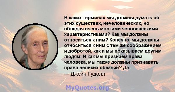 В каких терминах мы должны думать об этих существах, нечеловеческих, но обладая очень многими человеческими характеристиками? Как мы должны относиться к ним? Конечно, мы должны относиться к ним с тем же соображением и