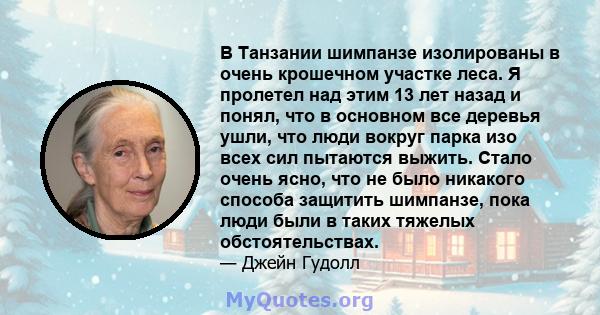 В Танзании шимпанзе изолированы в очень крошечном участке леса. Я пролетел над этим 13 лет назад и понял, что в основном все деревья ушли, что люди вокруг парка изо всех сил пытаются выжить. Стало очень ясно, что не