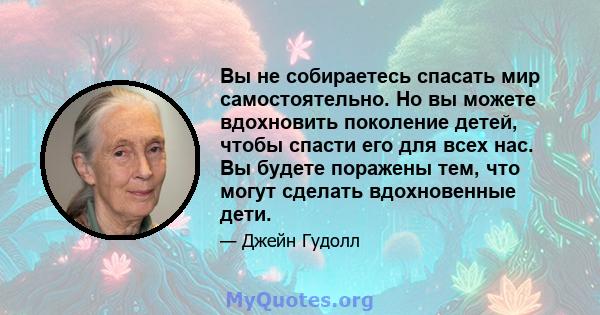 Вы не собираетесь спасать мир самостоятельно. Но вы можете вдохновить поколение детей, чтобы спасти его для всех нас. Вы будете поражены тем, что могут сделать вдохновенные дети.