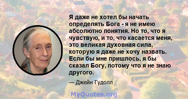 Я даже не хотел бы начать определять Бога - я не имею абсолютно понятия. Но то, что я чувствую, и то, что касается меня, это великая духовная сила, которую я даже не хочу назвать. Если бы мне пришлось, я бы сказал Богу, 