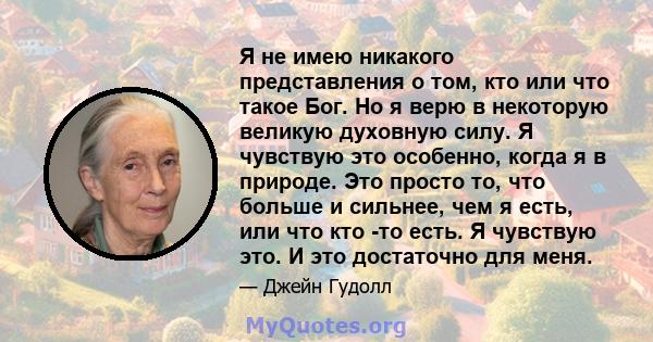 Я не имею никакого представления о том, кто или что такое Бог. Но я верю в некоторую великую духовную силу. Я чувствую это особенно, когда я в природе. Это просто то, что больше и сильнее, чем я есть, или что кто -то