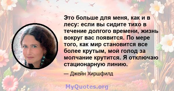 Это больше для меня, как и в лесу: если вы сидите тихо в течение долгого времени, жизнь вокруг вас появится. По мере того, как мир становится все более крутым, мой голод за молчание крутится. Я отключаю стационарную