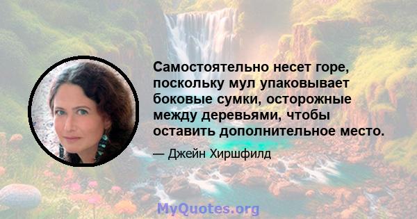 Самостоятельно несет горе, поскольку мул упаковывает боковые сумки, осторожные между деревьями, чтобы оставить дополнительное место.