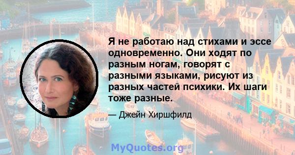 Я не работаю над стихами и эссе одновременно. Они ходят по разным ногам, говорят с разными языками, рисуют из разных частей психики. Их шаги тоже разные.