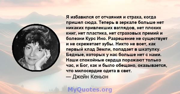 Я избавился от отчаяния и страха, когда пришел сюда. Теперь в зеркале больше нет никаких привлекших взглядов, нет плохих книг, нет пластика, нет страховых премий и болезни Курс Ино. Разрешение не существует и не