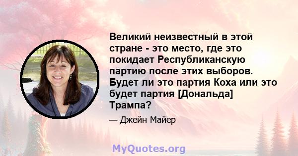 Великий неизвестный в этой стране - это место, где это покидает Республиканскую партию после этих выборов. Будет ли это партия Коха или это будет партия [Дональда] Трампа?