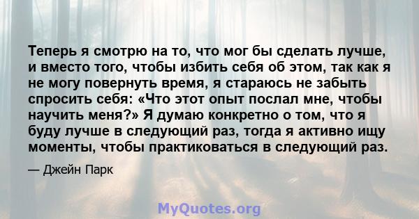 Теперь я смотрю на то, что мог бы сделать лучше, и вместо того, чтобы избить себя об этом, так как я не могу повернуть время, я стараюсь не забыть спросить себя: «Что этот опыт послал мне, чтобы научить меня?» Я думаю