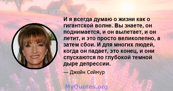 И я всегда думаю о жизни как о гигантской волне. Вы знаете, он поднимается, и он вылетает, и он летит, и это просто великолепно, а затем сбои. И для многих людей, когда он падает, это конец, и они спускаются по глубокой 