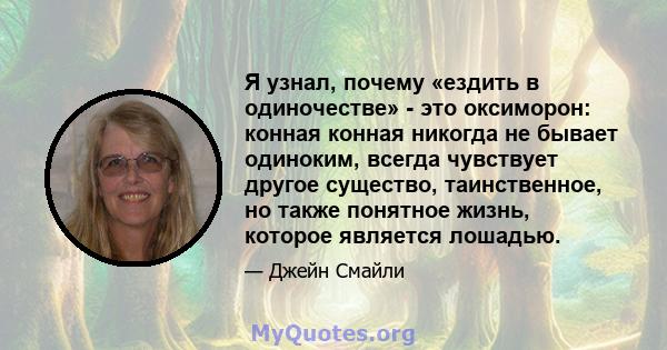 Я узнал, почему «ездить в одиночестве» - это оксиморон: конная конная никогда не бывает одиноким, всегда чувствует другое существо, таинственное, но также понятное жизнь, которое является лошадью.