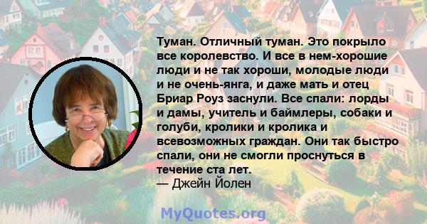 Туман. Отличный туман. Это покрыло все королевство. И все в нем-хорошие люди и не так хороши, молодые люди и не очень-янга, и даже мать и отец Бриар Роуз заснули. Все спали: лорды и дамы, учитель и баймлеры, собаки и