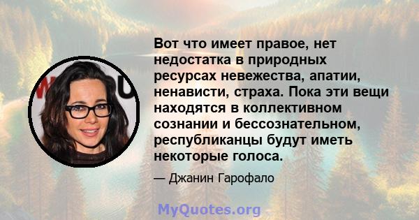 Вот что имеет правое, нет недостатка в природных ресурсах невежества, апатии, ненависти, страха. Пока эти вещи находятся в коллективном сознании и бессознательном, республиканцы будут иметь некоторые голоса.