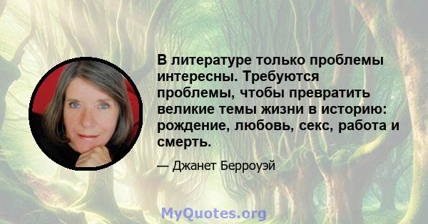 В литературе только проблемы интересны. Требуются проблемы, чтобы превратить великие темы жизни в историю: рождение, любовь, секс, работа и смерть.