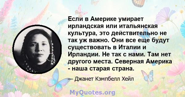 Если в Америке умирает ирландская или итальянская культура, это действительно не так уж важно. Они все еще будут существовать в Италии и Ирландии. Не так с нами. Там нет другого места. Северная Америка - наша старая