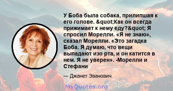 У Боба была собака, прилипшая к его голове. "Как он всегда прижимает к нему еду?" Я спросил Морелли. «Я не знаю», сказал Морелли. «Это загадка Боба. Я думаю, что вещи выпадают изо рта, и он катится в нем. Я не 