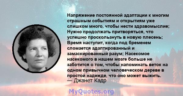 Напряжение постоянной адаптации к многим страшным событиям и открытиям уже слишком много, чтобы нести здравомыслие; Нужно продолжать притворяться, что успешно проскользнуть в новую плесень; Время наступит, когда под