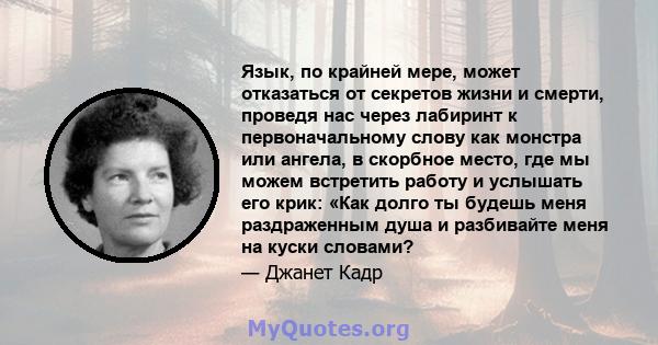 Язык, по крайней мере, может отказаться от секретов жизни и смерти, проведя нас через лабиринт к первоначальному слову как монстра или ангела, в скорбное место, где мы можем встретить работу и услышать его крик: «Как