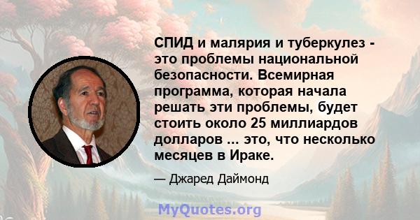 СПИД и малярия и туберкулез - это проблемы национальной безопасности. Всемирная программа, которая начала решать эти проблемы, будет стоить около 25 миллиардов долларов ... это, что несколько месяцев в Ираке.