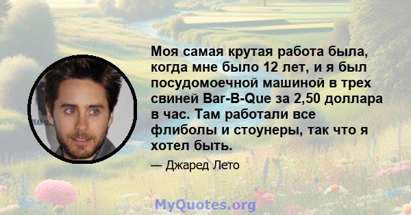 Моя самая крутая работа была, когда мне было 12 лет, и я был посудомоечной машиной в трех свиней Bar-B-Que за 2,50 доллара в час. Там работали все флиболы и стоунеры, так что я хотел быть.