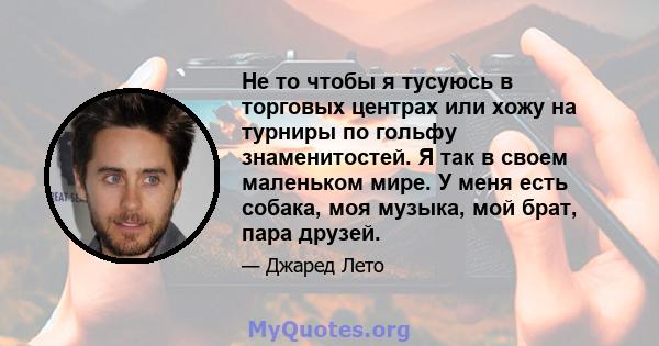 Не то чтобы я тусуюсь в торговых центрах или хожу на турниры по гольфу знаменитостей. Я так в своем маленьком мире. У меня есть собака, моя музыка, мой брат, пара друзей.