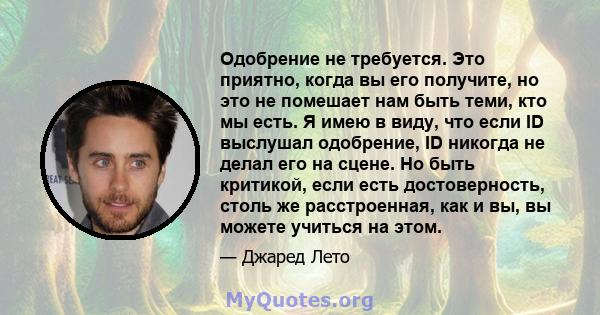 Одобрение не требуется. Это приятно, когда вы его получите, но это не помешает нам быть теми, кто мы есть. Я имею в виду, что если ID выслушал одобрение, ID никогда не делал его на сцене. Но быть критикой, если есть