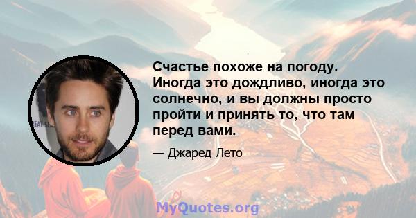 Счастье похоже на погоду. Иногда это дождливо, иногда это солнечно, и вы должны просто пройти и принять то, что там перед вами.