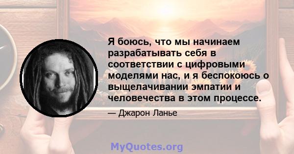 Я боюсь, что мы начинаем разрабатывать себя в соответствии с цифровыми моделями нас, и я беспокоюсь о выщелачивании эмпатии и человечества в этом процессе.