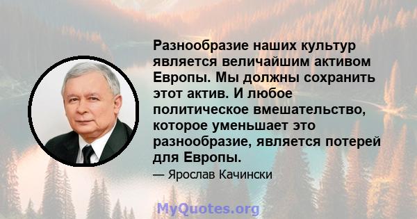 Разнообразие наших культур является величайшим активом Европы. Мы должны сохранить этот актив. И любое политическое вмешательство, которое уменьшает это разнообразие, является потерей для Европы.