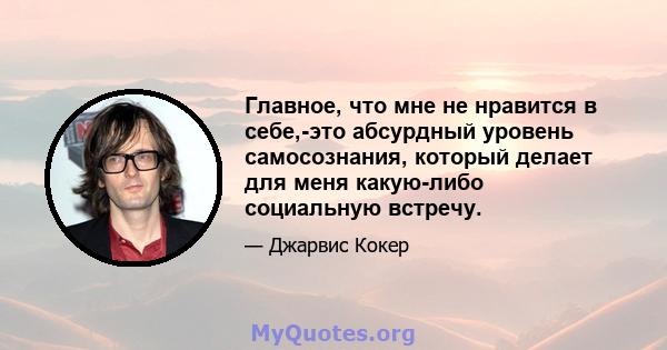 Главное, что мне не нравится в себе,-это абсурдный уровень самосознания, который делает для меня какую-либо социальную встречу.