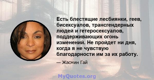 Есть блестящие лесбиянки, геев, бисексуалов, трансгендерных людей и гетеросексуалов, поддерживающих огонь изменений. Не пройдет ни дня, когда я не чувствую благодарности им за их работу.