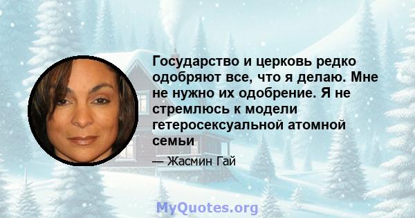 Государство и церковь редко одобряют все, что я делаю. Мне не нужно их одобрение. Я не стремлюсь к модели гетеросексуальной атомной семьи