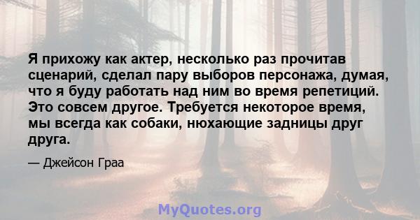 Я прихожу как актер, несколько раз прочитав сценарий, сделал пару выборов персонажа, думая, что я буду работать над ним во время репетиций. Это совсем другое. Требуется некоторое время, мы всегда как собаки, нюхающие