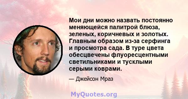 Мои дни можно назвать постоянно меняющейся палитрой блюза, зеленых, коричневых и золотых. Главным образом из-за серфинга и просмотра сада. В туре цвета обесцвечены флуоресцентными светильниками и тусклыми серыми коврами.