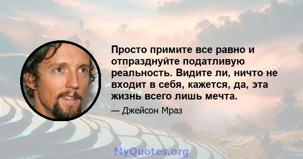 Просто примите все равно и отпразднуйте податливую реальность. Видите ли, ничто не входит в себя, кажется, да, эта жизнь всего лишь мечта.